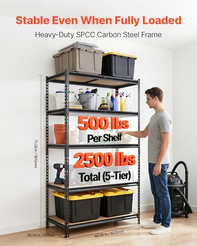 VEVOR Storage Shelves, 5-Tier Adjustable, 2500 lbs Capacity, Heavy Duty Garage Storage Shelving Unit, Metal Utility Rack Shelf, for Garage Warehouse Basement Kitchen, 40.35" W x 20.35" D x 71.38" H - size: 20" D x 40" W x 72" H