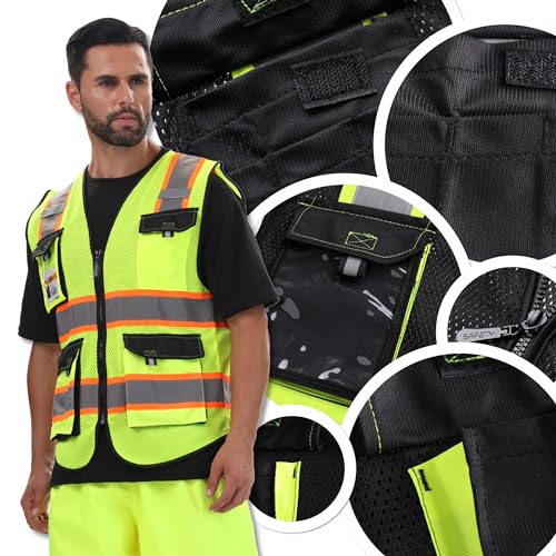 JKSafety Hi Vis Reflective Safety Vests for Men Women High Visibility Vest with Pockets Fabric Construction Safety Apparel Neon Vest for Work (220-Black M) | 5 utility Pockets 4 Reflective Strips High Visibility Mesh Fabric Construction Safety Apparel Neo