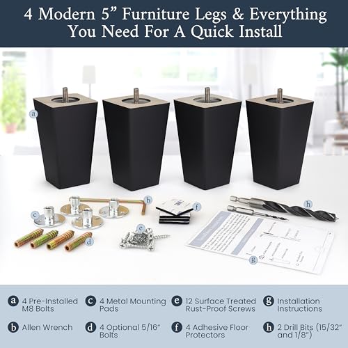 Airy Abode Premium Black Square Furniture Legs (Full Install Kit) - Pick Your Size and Color - color: Black, size: 5 Inches