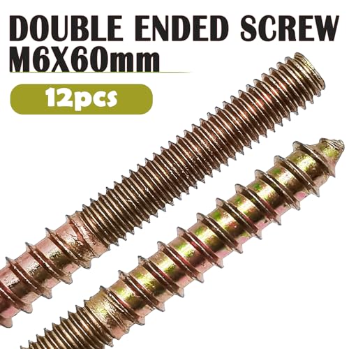 12SETS Double Headed Bolts Kit - 12PCS M6x60mm Self-Tapping Screw Hanger Bolts for Wood Furniture,12PCS M6x20mm Furniture Screw-in Nut with 1pc M6 Hanger Bolt Driver & 1pc 6mm Hex Key - size: M6X60mm
