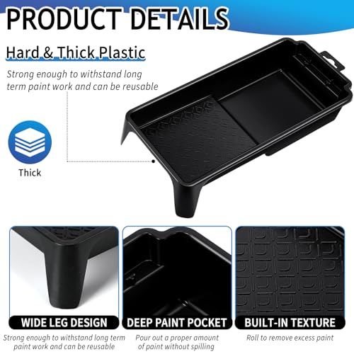 Geelin 30 Pcs Paint Roller Trays 4" Reusable Small Plastic Paint Roller Tray Durable Deep Ribbed Textured Paint Roller Pan for DIY Wall Painting, Black