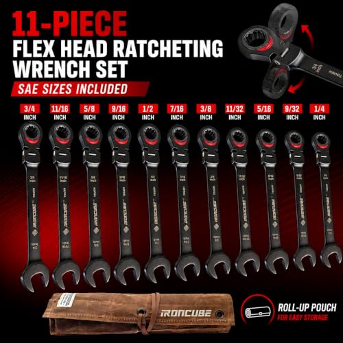 ironcube Black Ratcheting Combination Wrench Set: 11-Piece SAE 1/4–3/4 Inch – 180° Flex Head & 72-Tooth – CR-V Steel – Retro Waxed Canvas Roll for Motorcycle & Automotive Repair Tools - size: 11-Piece SAE Flex-Head