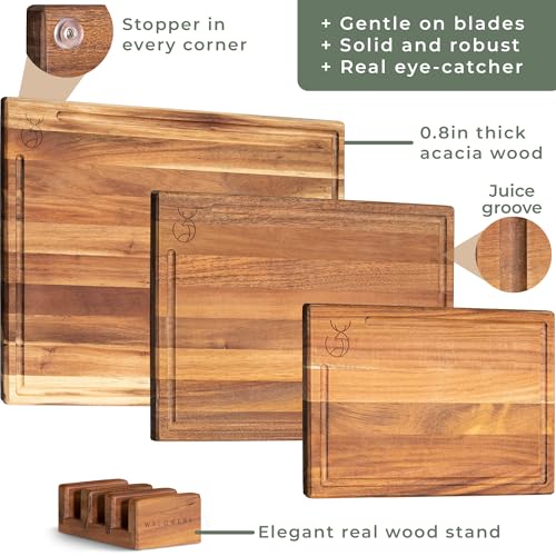 WALDWERK Cutting Board Set (15.75 x 12/13 x 9.5/10 x 7 in) out of Solid Acacia Wood - 0,8 in Thick Cutting Boards for Kitchen - Wood Cutting Boards - Wooden Chopping Boards for Kitchen - size: 17.3"L x 3.9"W