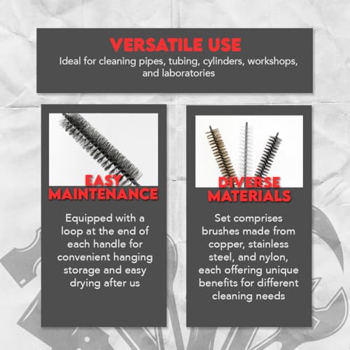 3 Piece Set of 16-Inch Tube Cleaning Brushes Copper, Stainless, Nylon for Various Surface Use (1.5-Inch Diameter) - size: 1.5-Inch Diameter