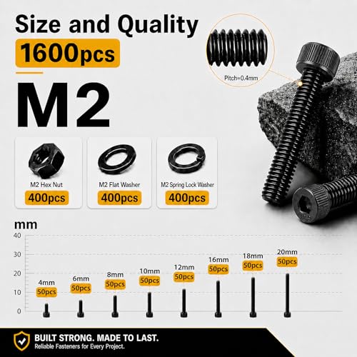 1600PCS M2 Screws Kit, M2x4/6/8/10/12/16/18/20mm Hex Socket Head Metric Tiny Screws, Nuts & Washers Kit, 12.9 Grade Black Oxide M2 Bolts for 3D Printer, DIY, Drone - size: M2 1600pcs