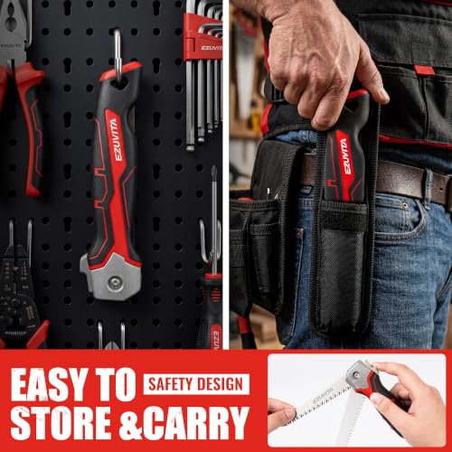 Folding Drywall Saw, Jab Saw for Drywall & Wood | Triple-Ground Teeth, Hardened 65Mn Blade, Safety Lock, Ergonomic TPR Grip, Portable Belt Sheath