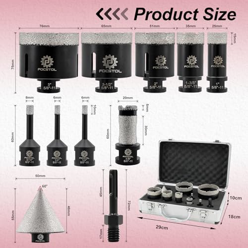 Diamond Core Drill Bit Set - FOCSTOL 11pcs (6/6/8/25/35/51/65/76mm+20mm Drilling Milling Bit+50mm Beveling Chamfer Bit+SDS Adapter) Diamond Hole Saw Kit for Porcelain Ceramic Tile Marble Granite - size: KIT5