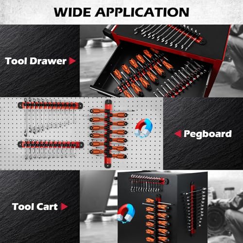 3-Piece Magnetic Screwdriver Organizer and Wrench Organizer, 42-Slot Screwdriver and Wrench Holder, Magnetic Aluminum Rail Tool Organizer for Tool Box Drawer Wall-Mount Storage,Red(Tools not Included) - style: 3-Pack Red (42-Slot) Pro Set