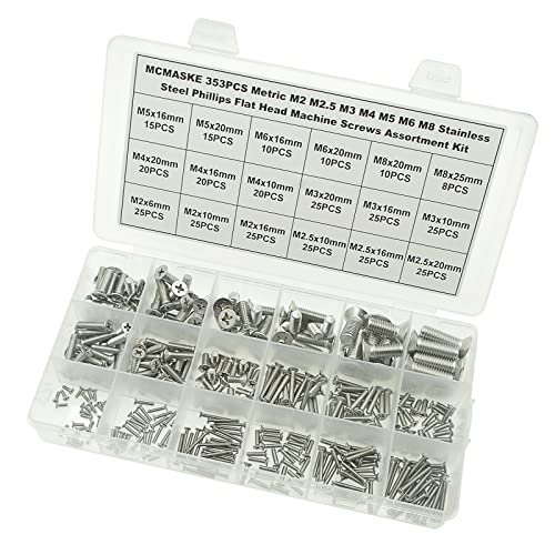 353PCS Metric M2 M2.5 M3 M4 M5 M6 M8 304 Stainless Steel Phillips Flat Head Machine Screws Assortment Kit