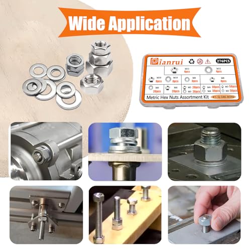 Dianrui 276 PCS Metric Hex Nut and Washer Assortment Kit, 7 Size Nuts and Washer Set (M3 M4 M5 M6 M8 M10 M12) 304 Stainless Steel Hardware Hex Nuts for Screw Bolt - size: 276PCS Metric Kit (M3—M12)