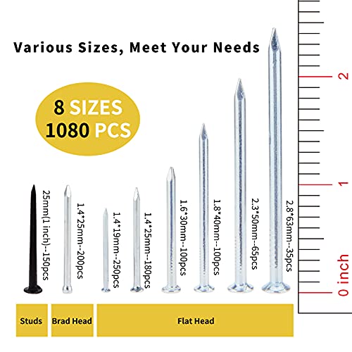 1080-Piece Nail Assortment Kit (7 Sizes): 1080 Count Fasteners Made of Steel for Hanging Pictures, Woodworking Projects, and General Use - style: 1080pcs-7sizes