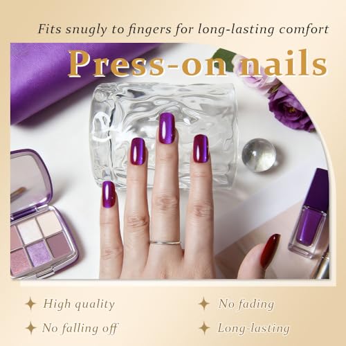 Purple Red Reflective Blue Press On Nails - Cat Eye Medium Square Magnetic Acrylic Fake Nails, Stylish Design, Salon-Quality Shiny Finish, Reusable Stick On Nails Kit for Women (No Glue) - color: ZF335, size: 24 pieces (Pack of 1)