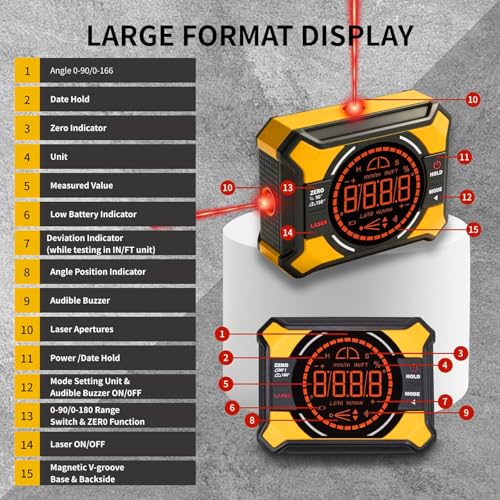 Digital Magnetic Angle Gauge with Laser, (Class 2, 1mW Power Output) 3-in-1 Mini Angle Finder, Rechargeable Digital Level with Backlit LED Display, Inclinometer Protractor for for Woodworking Yellow