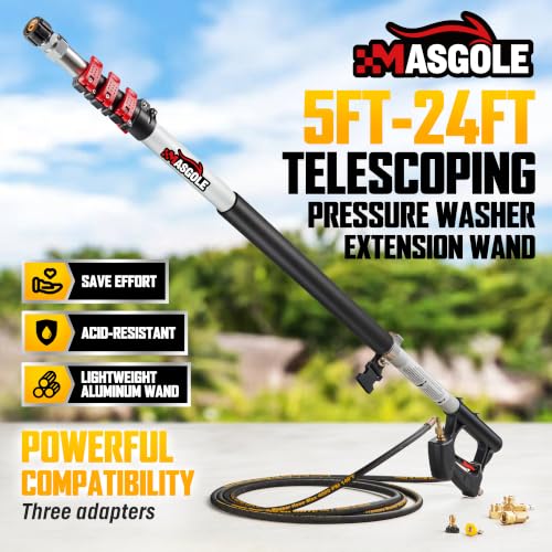 Pressure Washer Wand 24FT Telescoping with Pressure Washer Extension Wand, Gutter Cleaning Tools - Extension Pole, Brush Head, 7 Spray Nozzle Tips, Support Belt & Hose Adapters