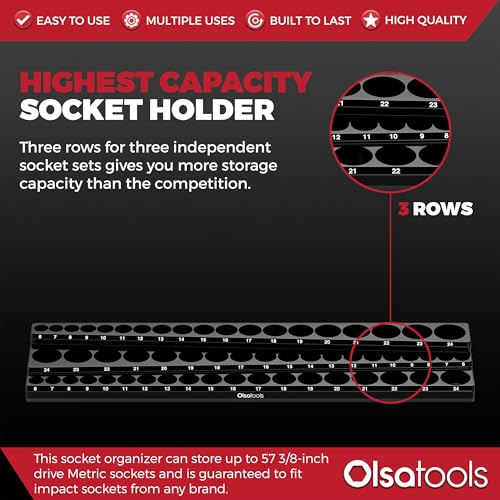 Olsa Tools Magnetic Socket Holder 3/8-Inch Drive Metric, Black, 54 Slots - color: Black, size: 3/8-Inch Drive, Metric