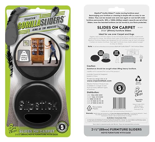 GorillaSliders 3-1/2 Inch Round Furniture Sliders for Carpet & Rugs (8 Pack) Premium Reusable Furniture Movers, Protects Carpeting & Makes Moving Heavy Furniture Easy, Black, CB131 - size: 3-1/2" Round (For Carpet & Rugs)