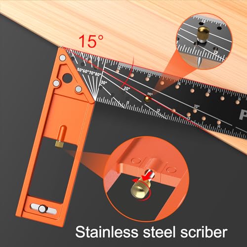 12” Woodworking Square Ruler - Preciva Right Angle Ruler Carpenter Square Layout Tool, Features Stainless Steel Blade, Retractable Ledge, 1/16” and 1/32” Notch Spacing and Multi-Angle Scribe Mark - style: 12 IN