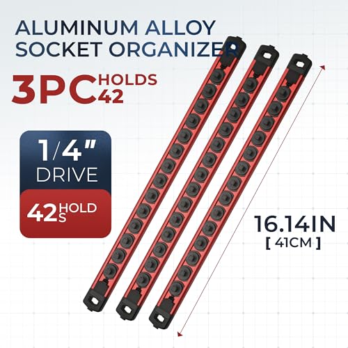 Reniteco Magnetic Socket Organizer Set, 3-Pack 1/4” Socket Rails - color: Red, size: 1/4-Inch Drive,3pc