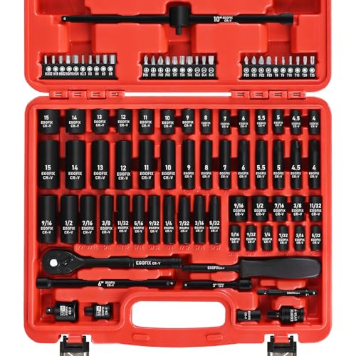90PCS 1/4" Drive Impact Socket Set Metric 4-15mm and Standard SAE Size (5/32"-9/16"), with 72-Teeth Ratchet, Screwdriver Bit Set, Mechanics Tool Kit for Home Use and Automotive Repair - color: 1/4-90pcs