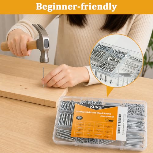 KURUI Picture Hanging Nails & Wood Screws Kit,350Pc 6 Nail & 6 Screw Sizes
