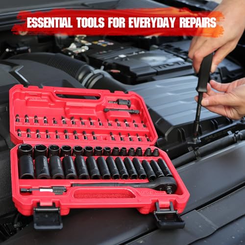 64-Piece 1/4" Drive Impact Socket Wrench Driver-Bits Set, Cr-V Metric&SAE Deep and Shallow Socket Set, S2 Power Bits with Quick-Release Ratchet Handle, Universal Joint, Bit Holder, Power Drill Adapter - style: 1/4" | 64-Piece Socket & Bit Set