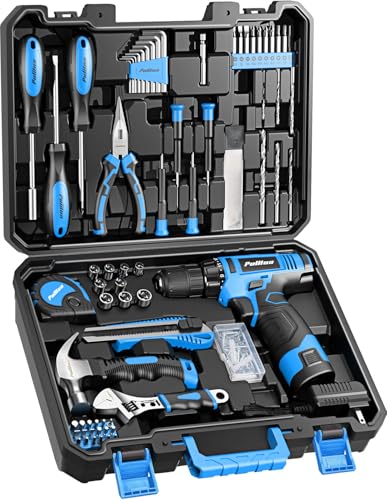 PULITUO Tool Set, 149-Piece Home Drill Set with Blue 12V Cordless Drill, Tool Box, Hand Tool Kits for Women & Men and DIY Enthusiasts, for Home Improvement - style: 12V Set(Blue)