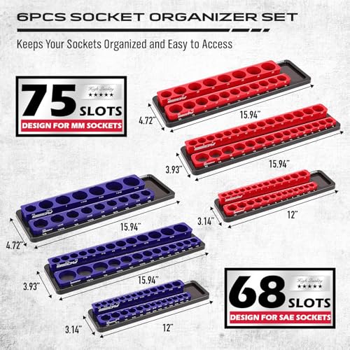 8-Piece Magnetic Socket and Wrench Organizer Set, Metric & SAE, 1/4", 3/8", 1/2"Drive Detachable Socket Storage Tray, 24-Slot Wrench Holder with Non-Slip Handle & Lock Cover for Toolbox Drawer Storage - style: 8-Piece Secure Locking Comb