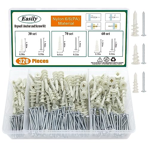 320PCS Drywall Anchors and Screws Kit – Self Drilling Nylon Wall Anchors, Heavy Duty Plastic Anchors for Drywall, No Pre-Drill Needed, Hollow Wall Anchors (10x35mm, 15x32mm, 13x42mm)