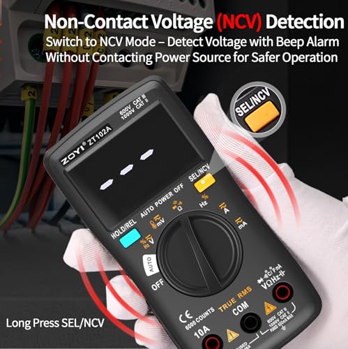 ZOYI Digital Multimeter, True RMS Auto-Ranging 6000 Counts with NCV. 750V AC, 1000V DC auto Identification, Data Hold, Resistance, Capacitance, Diode, Frequency and Temperature Measurement