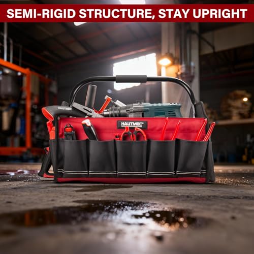 HAUTMEC 3PCS Heavy-Duty Tool Tote Bag Set, 1680D Large Tool Bags with Rigid Frame, Foldable Handle & Padded Shoulder Strap, Water-Resistant Hard Base, Multi-Pocket Tool Box Organizer – HTTBH25052 - style: Tool Tote | 3-Piece