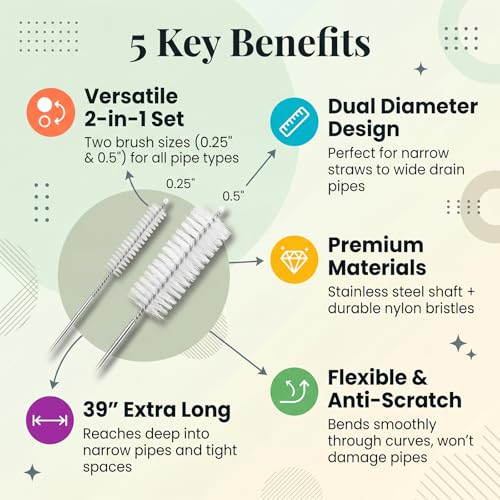 39 Inch Long Pipe Cleaner Brush 2-in-1 Set, 0.25 & 0.5 Inch Diameter Nylon Tube Brushes for Refrigerator Drain Pipe, Aquarium Tube, Coffee Machine, Washing Machine, Air Conditioner