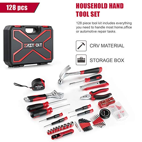 Eastvolt 128-Piece Home Repair Tool Set, Tool Sets for Homeowners, General Household Hand Tool Set with Storage Toolbox, EVHT12801, Black + Red (ASK01) - size: 128, style: Tool Set