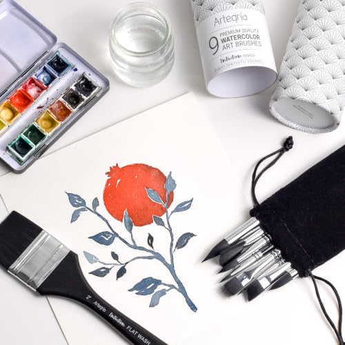 ARTEGRIA Watercolor Brush Set, 9 Soft Synthetic Squirrel Brushes - color: Black - 9pcs