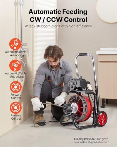 VEVOR Drain Cleaner Machine 100 FT x 1/2 Inch, Auto Feed Sewer Snake Auger on Wheels - with 8 Cutters & Air-Activated Foot Switch for 2" to 6" Pipes - style: 100 FT x 1/2''