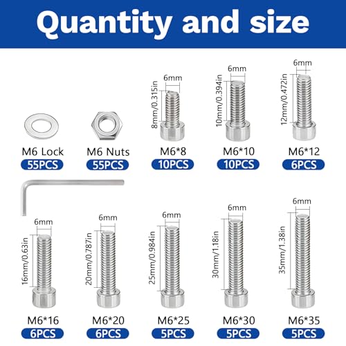 163Pcs M4 201 Stainless Steel Hex Socket Cap Bolt & Nut Set - size: M6x8/10/12/16/20/25/30/35-163Pcs