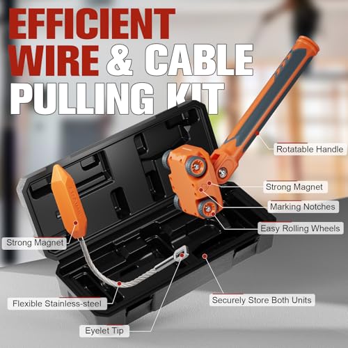 Magnetic Wire Puller for Electrical Wiring – Rare-Earth Magnets, Stainless-Steel Leader for Easy Cable Pulling in Walls & Tight Spaces, Doubles as Stud Finder, Includes High-Quality Hard Plastic Case