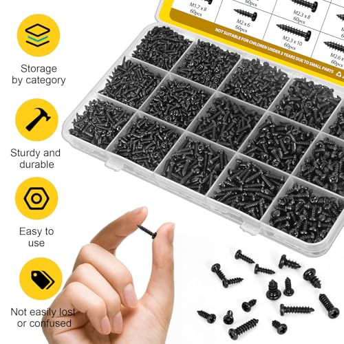 900Pcs Wood Screws Assortment Kit, M1.7M2M2.3M2.6M3 Tiny Micro Phillips Pan Head Self Tapping Screw, Sheet Metal Screws for DIY Electronic - size: 900pcs M1.7M2M2.3M2.6M3 Black