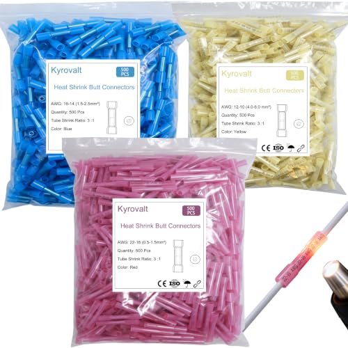1500 PCS Heat Shrink Butt Connectors,12-10 AWG,16-14 AWG,22-16 AWG Waterproof Electrical Insulated Crimp Wire Splice for Marine,Cable,Wiring,Rapid Connection,Comprehensive Sealed Protection - size: Red 500/Blue 500/Yellow 500 pcs