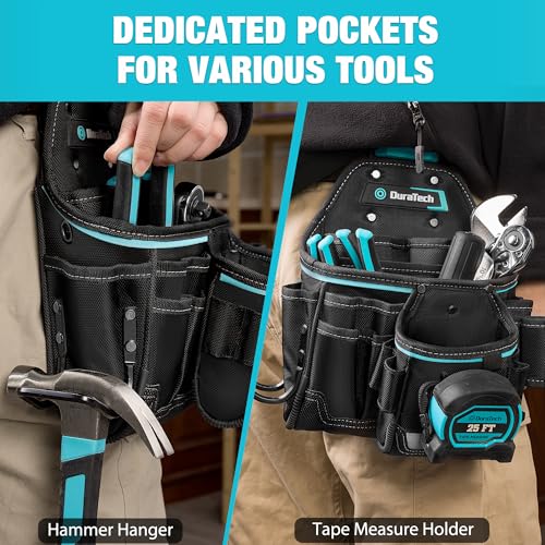 DuraTech Tool Pouch with Belt Clip, Electrician Tool Pouch with Tape Measure Holder & Hammer Loop, Quick Release Buckle, Expandable Support Frame, Ideal for Construction, Carpentry and Handyman Use - style: Large