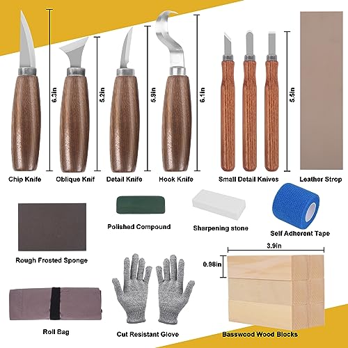 Wood Carving Kit, Wood Carving Tools Set with Wood Carving Knives Detail Knives Blocks Gloves Whittling Kit for Beginners Adults Kids Woodworking Tools for Spoon, Bowl, Kuksa Cup (26PCS)