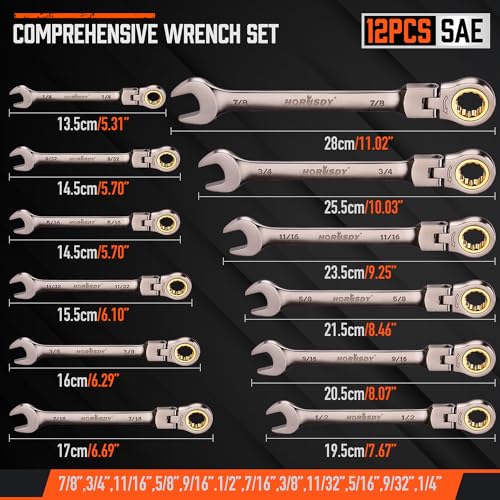 HORUSDY 12-Piece SAE Flex-Head Ratcheting Wrench Set with Organizer | 1/4” to 7/8“ Ratchet Combination Wrenches Set | 72-Teeth | Chrome Vanadium Steel - style: 12-Piece SAE Flex-Head Ratcheting - Pro