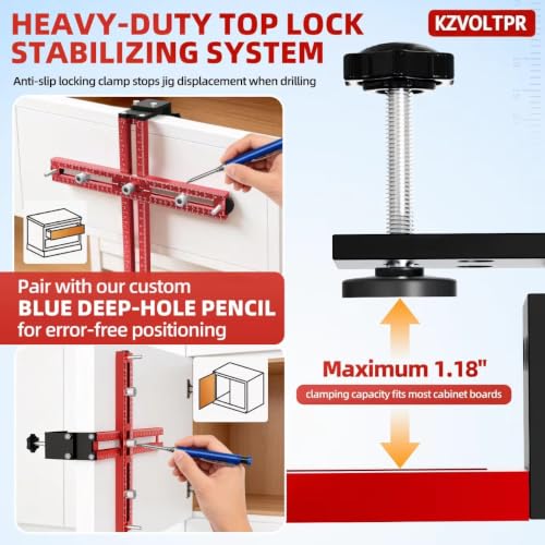 Foldable 2-in-1 Cabinet Hardware Jig with Carpenter Pencil, Adjustable Drawer Pull & Door Hinge Installation Template, CNC Aluminum Drill Guide for Woodworking