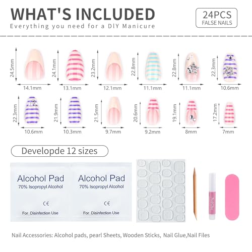 Mivota Soft Gel Press On Nails Medium Almond Colorful Stripe Design with 3D Star & Pearl, Reusable Glue On Fake Nails for Women, Cute Y2K Salon Manicure Set 24PCS - color: 3D-72 Red-Blue Stripes Star