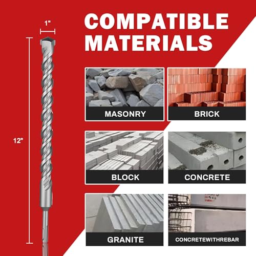 SDS Plus Rotary Hammer Drill Bit 1" x 12"Concrete Masonry Drill Bits for Brick, Cement & Stone - Durable Alloy Tip, Fast Drilling - size: 1" x 12"