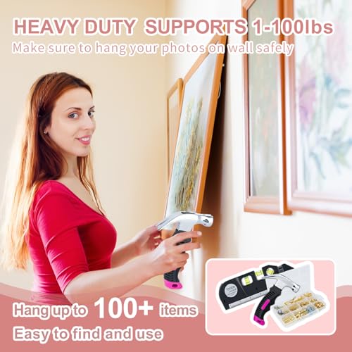 Picture Hanging Kit Tool, 352pcs Hanging Hardware with Heavy Duty Frame Hooks, Wire, Nails, D Rings, Photo Sawtooth Hangers, Wall Art Hanging Kit with Laser Level, Pink Claw Hammer