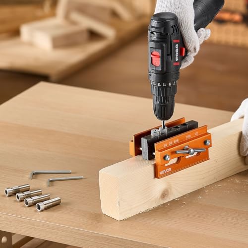 VEVOR Doweling Jig Kit, Self Centering Dowel Drill Jig for Straight Holes, Aluminum Alloy Woodworking Tools with 6 Drill Guide Bushings, Adjustable Width, for Wood Working, Drilling and Marking - size: Pro, style: Doweling Jig