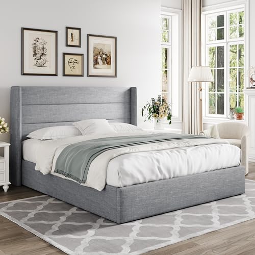 Allewie Full Size Lift Up Hydraulic Storage Bed Frame Light Grey - color: Light Grey, size: Full, style: Modern