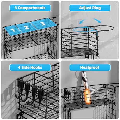 Metal Hair Tool Organizer with Toilet Paper Storage Basket Wall Mount - color: Black 2 Tiers