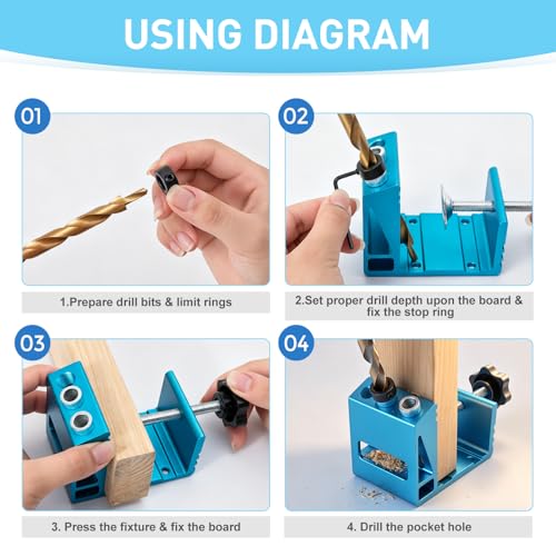 Pocket Hole Jig Kit with Drill Guide Joint 15 Degree Woodworking Inclined Hole Angle Tool Dowel Drill Pocket Joinery Screw Set Kit Adjustable Drill Jig Guides Joint Carpentry Locator Woodworking Tool
