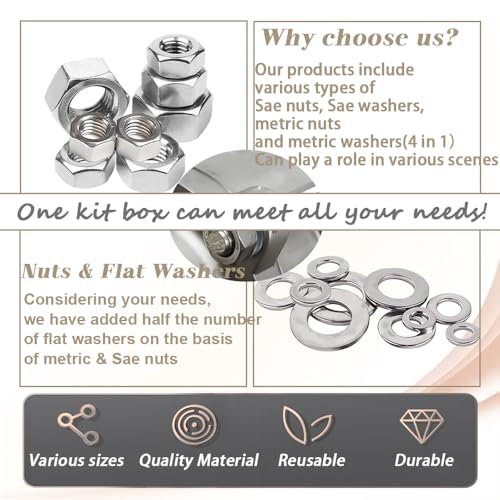Dianrui 588PCS Metric & SAE Hex Nuts and Washers Assortment Kit, Assorted Nuts Washers 304 Stainless Steel (2#56 4#40 6#32 8#32 10#24 10#32 12#24 1/4-20 5/16-18 3/8-16 7/16-14 1/2-13 M2-M12) 21 Sizes - size: 588PCS Metric&SAE Kit